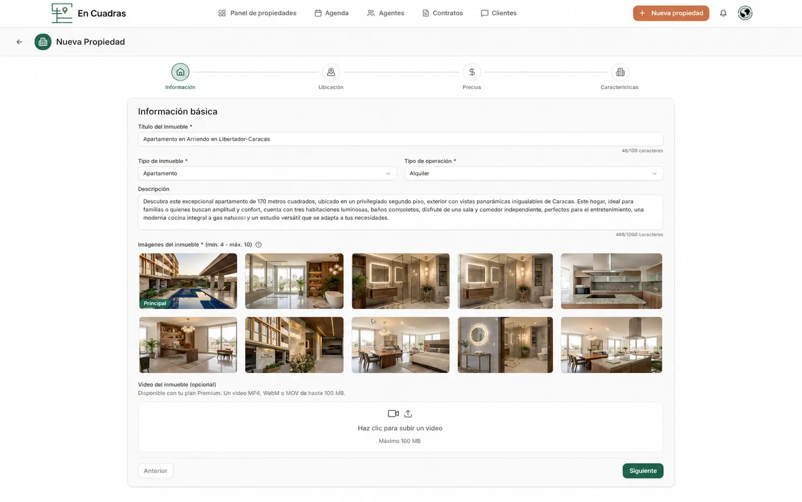 Formulario de información para cargar un inmueble en Encuadras