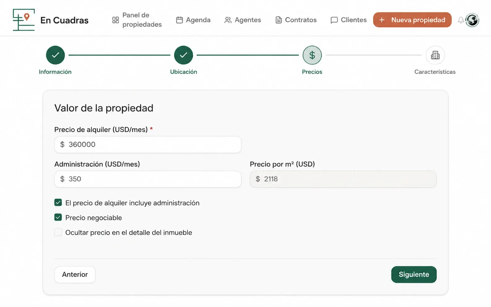 Sección de precios y condiciones comerciales de un inmueble en Encuadras