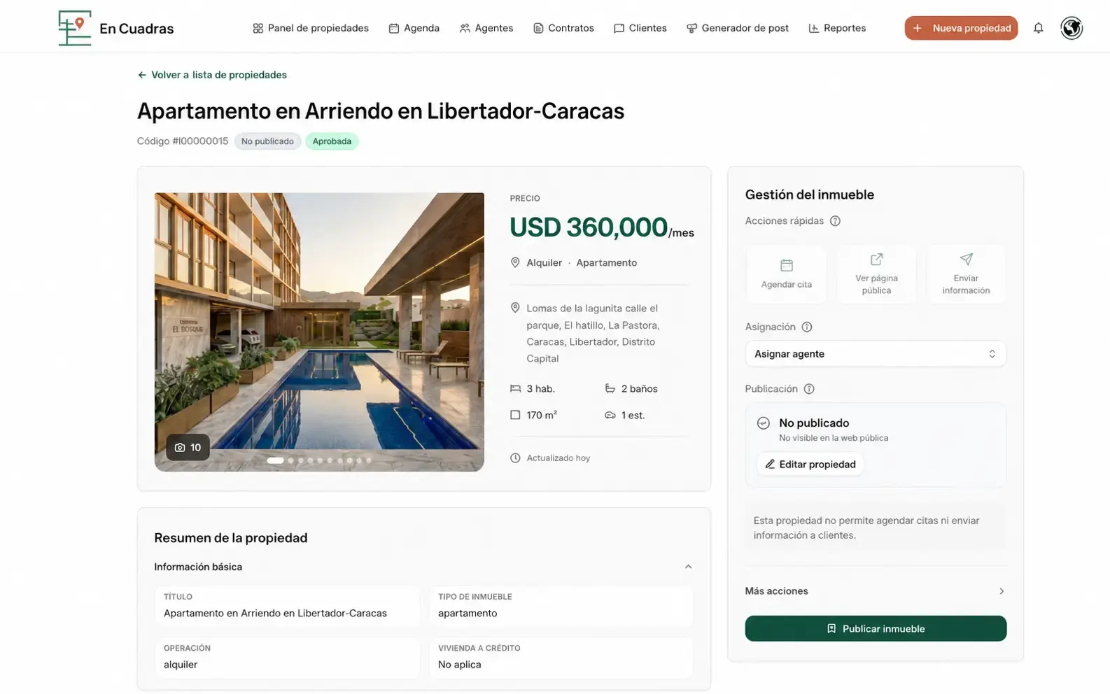 Acción para publicar un inmueble aprobado en Encuadras