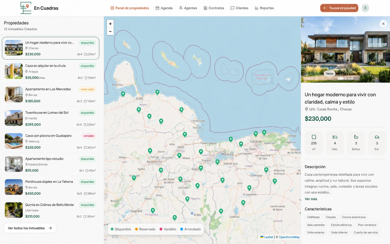 Panel de propiedades de Encuadras con mapa e inventario inmobiliario